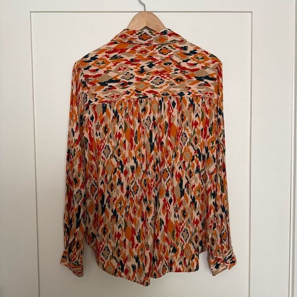 Beach Lunch Lounge Shirt Blouse Womens Sz M Orange Button Up Abstract Artsy Boho - Picture 5 of 11